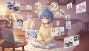 Anime fan feeling decision paralysis surrounded by streaming screens showing different anime shows
