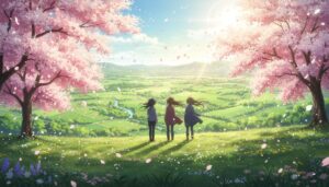 Spring 2026 anime season preview with cherry blossom trees and anime characters looking at a bright new landscape