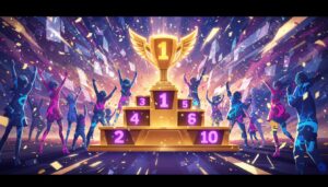 Top 10 anime ranking podium with golden trophy and celebrating anime character silhouettes