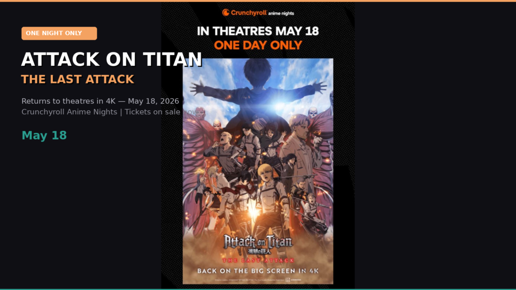Attack on Titan: THE LAST ATTACK Returns to Theatres in 4K — One Night Only on May 18