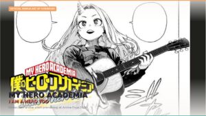 Official My Hero Academia I Am A Hero Too manga art by Kohei Horikoshi showing Eri playing guitar