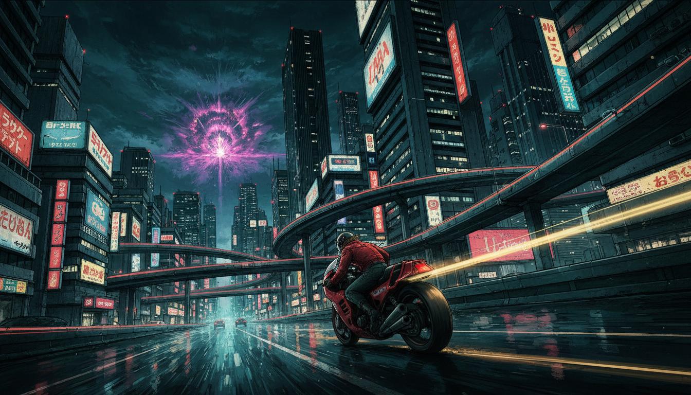 Neo-Tokyo cityscape at night with a motorcyclist on wet streets inspired by Katsuhiro Otomo's Akira aesthetic for the Oval Gear studio launch blog post