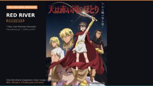 Red River anime official main key visual showing Yuri with sword raised alongside Kail and the Hittite court